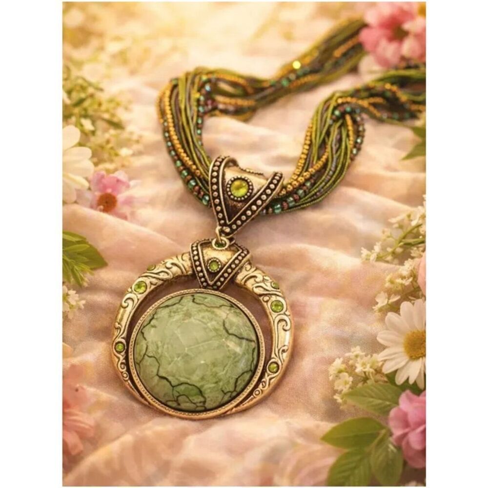 NWT Boho Green Stone Necklace Multilayer Cord Beads Statement Jewelry Antiqued